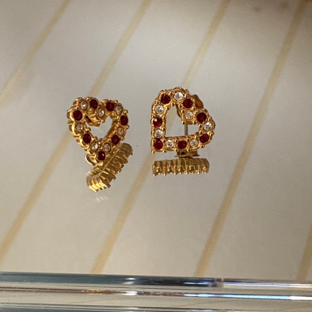 Gold Heart-Shaped Earrings with Red Accents